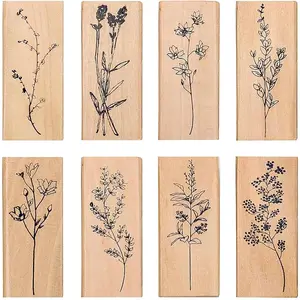8 Pieces Wood Mounted Rubber Stamps Plant and Flower Decorative Wooden Rubber Stamp Set for DIY Craft Diary and Craft Scrapbooking