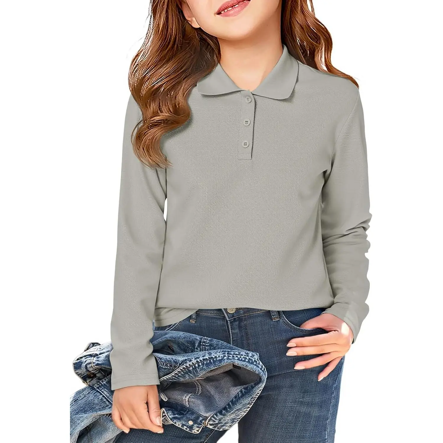 Haloumoning Girls' Long Sleeve Pique Knit Polo Shirt, School Wear Uniform, All Seasons Kids' Golf Top for 5-14 Years