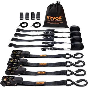 VEVOR Ratchet Tie Down Straps (4PK), 2200 lb Break Strength, 1x 15' Heavy Duty Ratchet Tie Down Strap Set with Padded Handles, Coated S Hook, Soft Loop for Moving Appliances Motorcycle ATV Truck