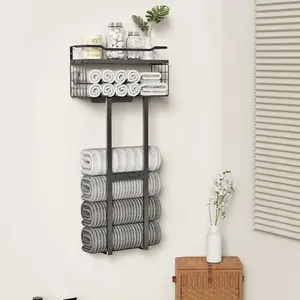 【Bathroom Must-Have!】Aetyord Large Black Metal Towel Rack Set - Wall Mounted Over Toilet Storage | for Rolled Towels | Stylish Decor & Organizer（long）