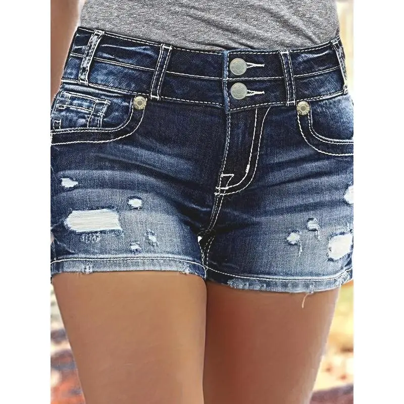(New)Women's worn-out button fly denim shorts, summer casual basic corrugated shorts, fashionable women's underwear for daily wear, women's clothing, casual fit shorts, button pocket shorts, casual shorts, women's denim shorts