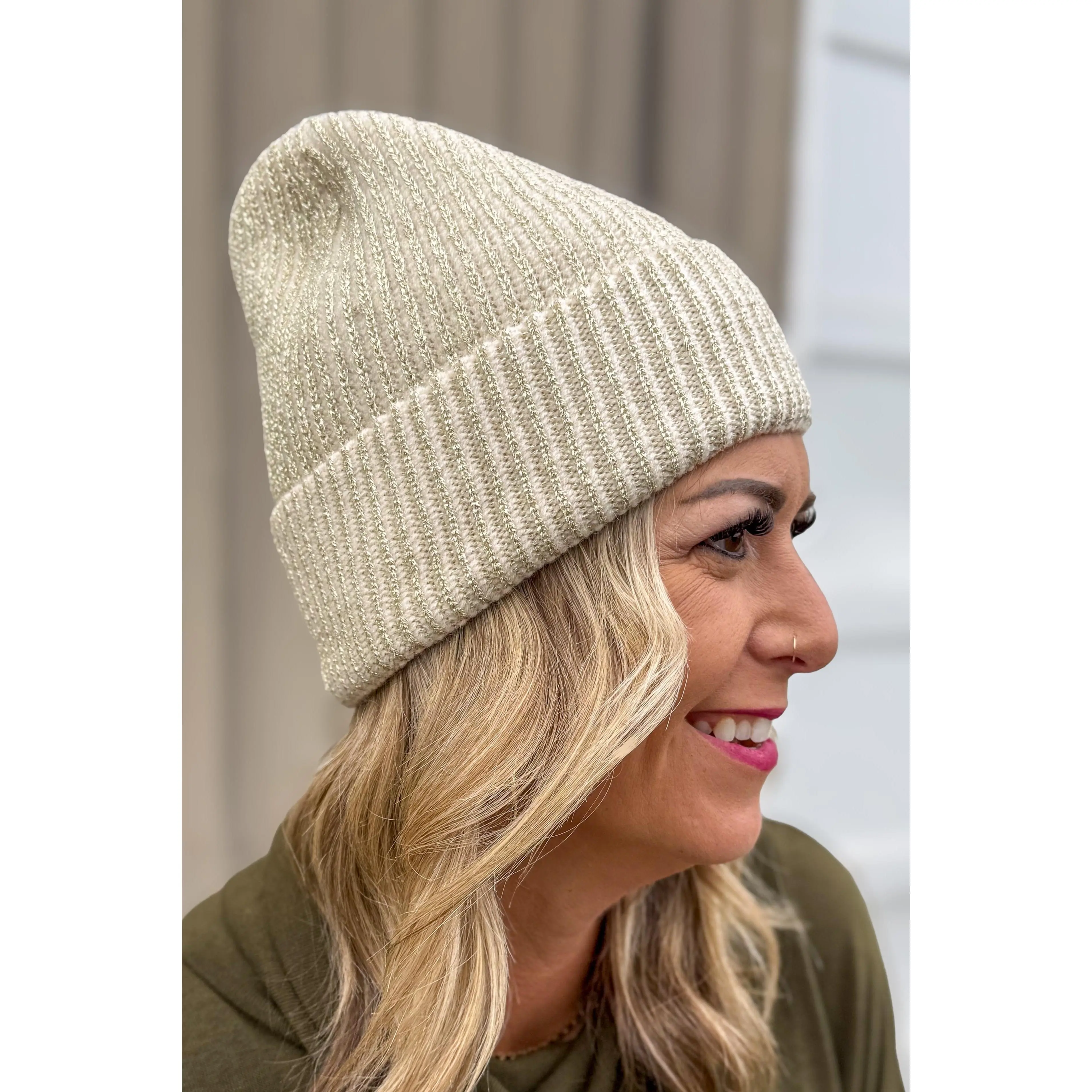 Beige Metallic Ribbed Beanie