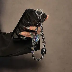 Butterfly Design Phone Chain, Phone Charm, Handmade Fashion Wristlet Keychain Accessories, Gemstone Decor Phone Lanyard, Phone Accessories for Women & Girls