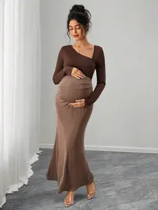 MISHELLA Elegant Maternity Party Solid Color Contrast Patchwork Fishtail Dress