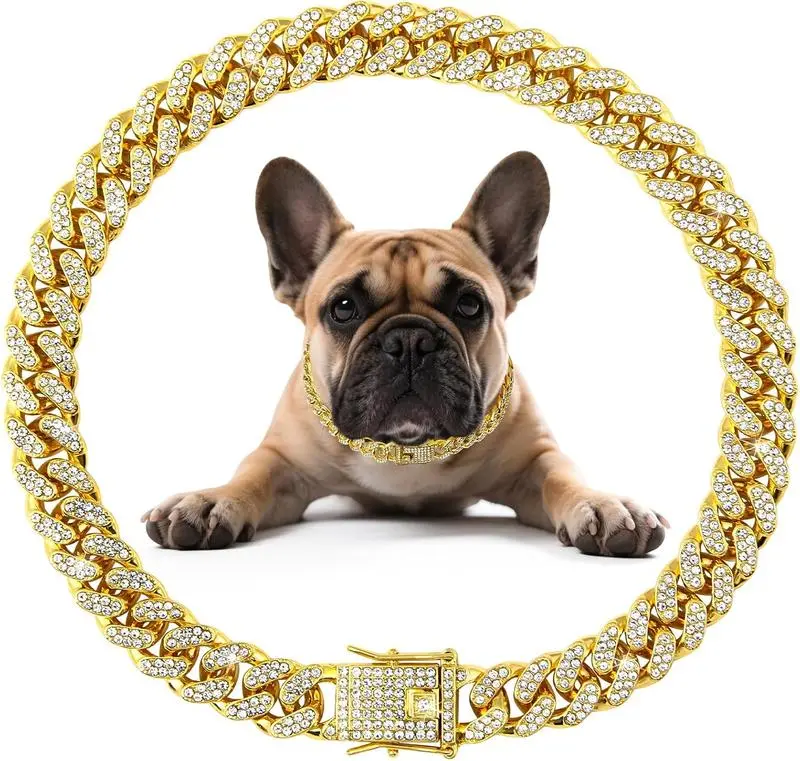Dog Cuban Chain Collar - 13mm Wide Hiphop Style, Silver 18inch Diamond-Embedded Metal Necklace with Secure Buckle, Hand Wash Only Pet Collar for Small/Medium/Large Dogs, Perfect Gifts for Birthday Use