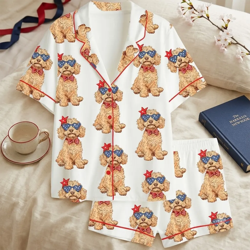 Poodle Dog Pajama Set, Patriotic Puppy Short Sleeve PJs, Fourth of July Loungewear for Women, Stars and Stripes Sleepwear, Patriotic Poodle Dog PJs, Fourth of July Stars and Stripes Sleepwear, Women Summer Lounge Set, Cute Puppy Pajamas