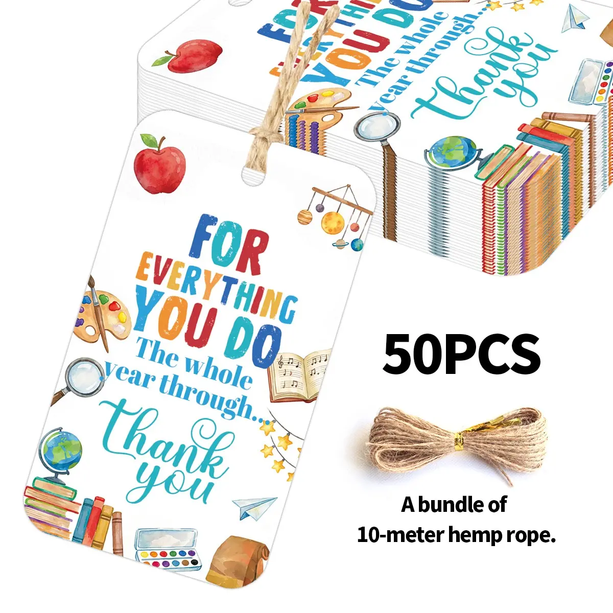 50 Teacher Appreciation Tags, Watercolor Book Design, Includes 10m Hemp Rope, Gift Packaging Decor, Back-To-School Teacher Gifts, Class Gifts, Teacher Holiday Present, Meaningful Gift