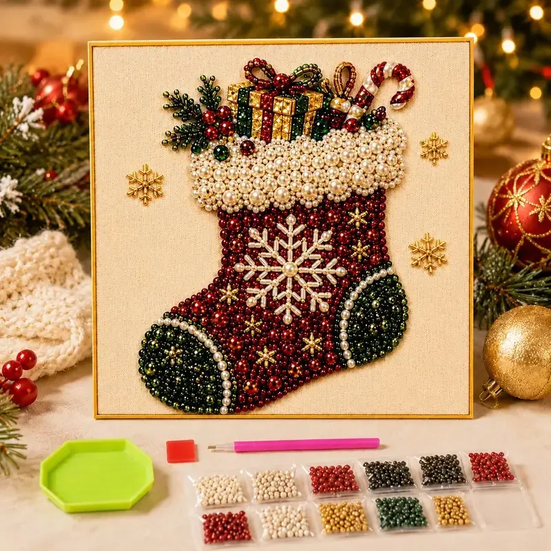 D Pearl Beads Diamond Painting Kit, Santa Christmas Stocking DIY Crafting Mosaic Wall Art, Festive Home Holiday Decor Frameless Gift (Toys & Hobbies, DIY Needlework)