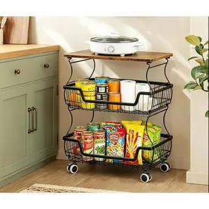 Pantry Floor Organizeron with Wheels, 3 Tier Rolling Fruit Vegetable Basket for Kitchen Stackable Wire Basket Stand for Home Removable Metal Vegetable Rack Wire Snack Cart