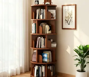 360° Rotating Walnut Round Bookshelf Tower - Space-Saving Spinning Shelf for Living Room Indoor Furniture
