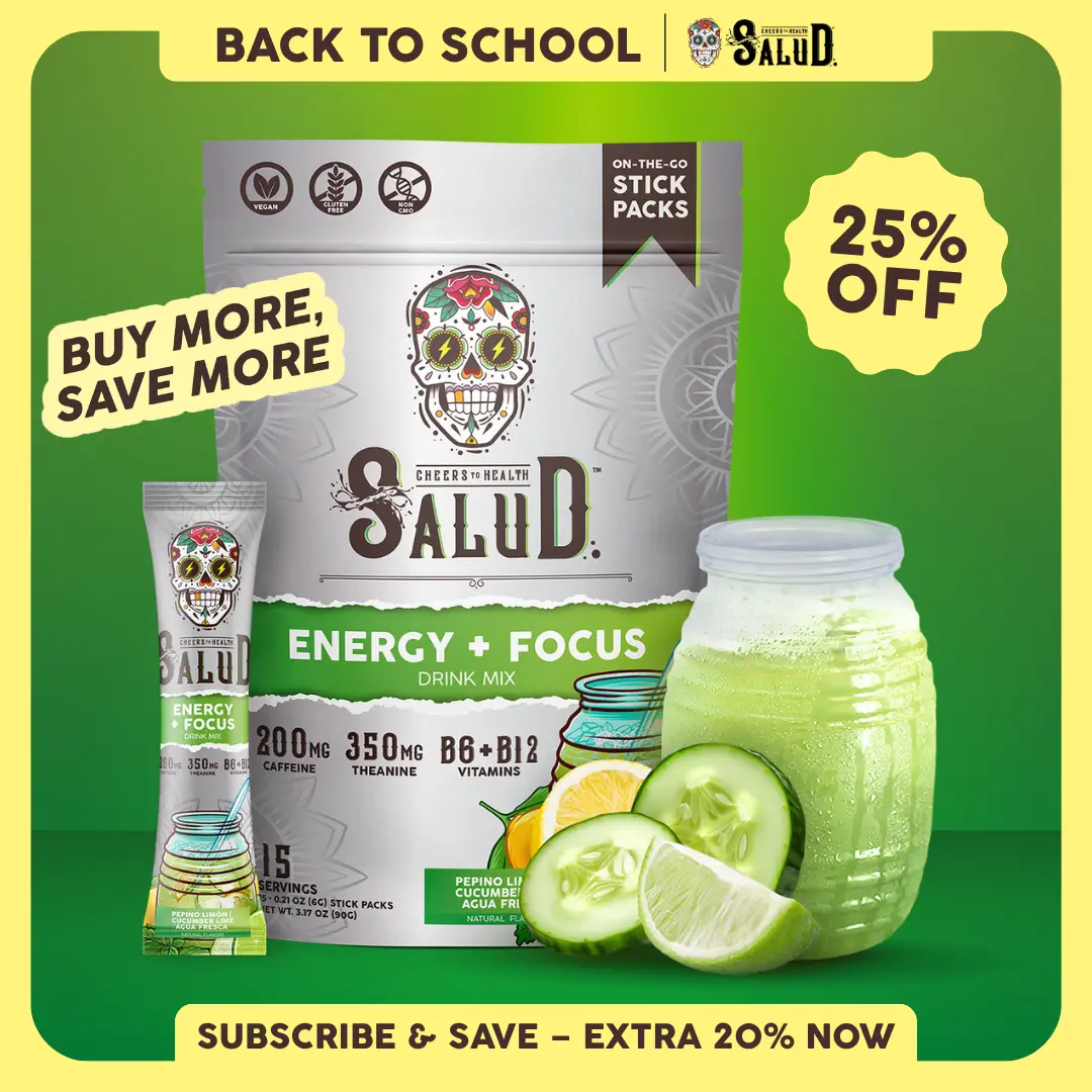 Salud 2-in-1 [Energy + Focus] Clean Energy Drink Mix, Agua Fresca,  Organic Caffeine, B6 & B12, L-Theanine, Drink Packets, Non-GMO, Gluten Free, Vegan, Low Calorie, 1g Sugar (15 Servings)