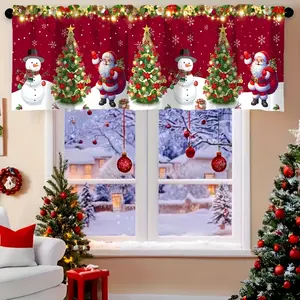1pc Festive Santa & Snowman Christmas Valance Curtain, Merry Christmas Kitchen Window with Santa & Snowflakes, Light-Filtering Polyester, Machine Washable, Room Decor Curtain