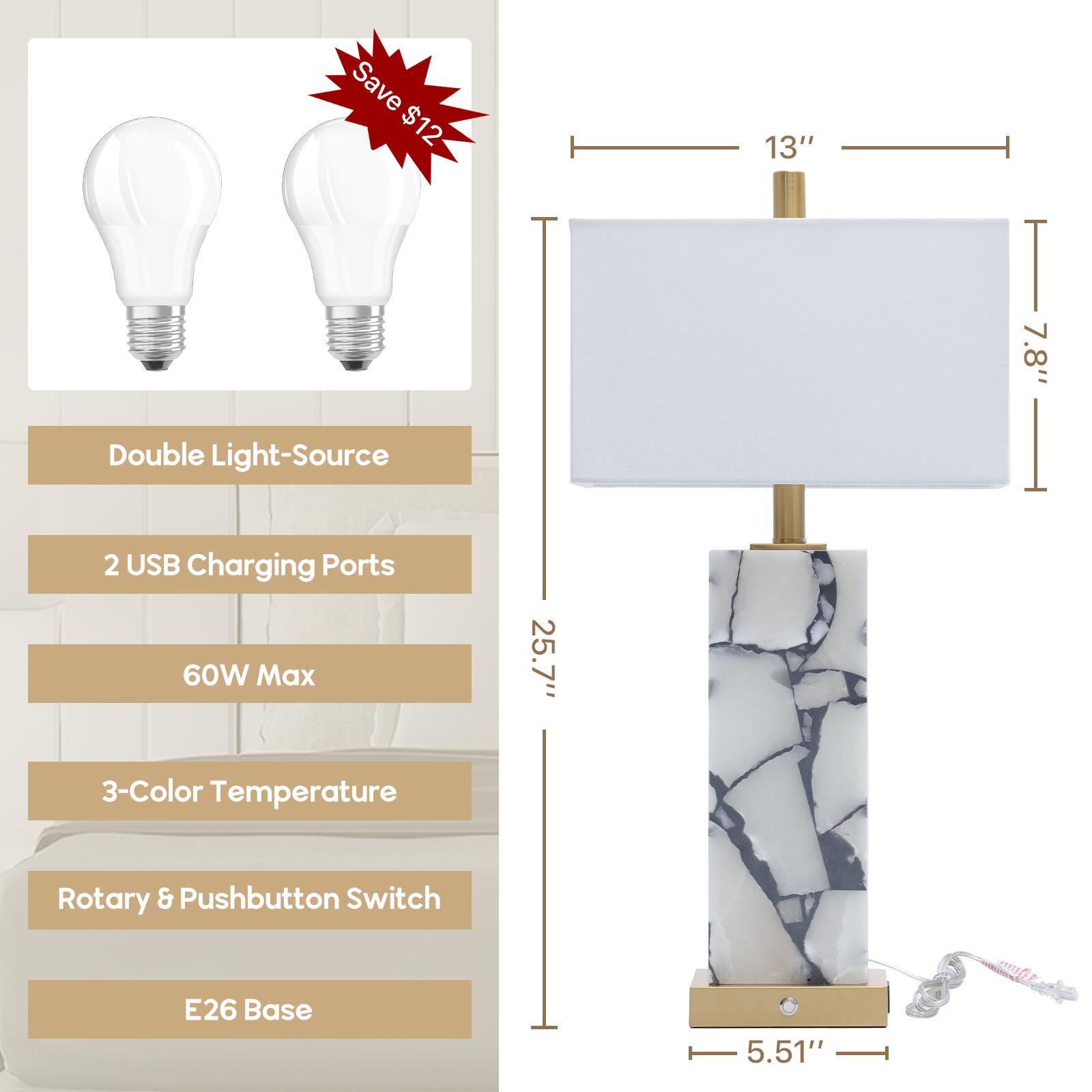 GALENTAL 25.6" Alabaster Lamp, Natural Marble Table Lamps 2 P, 3-Color Temperatures Lamp with Nightlight, Modern Table Lamp, Nightstand Lamp, Bedside Lamps with 2 USB Ports, Bedroom Lamps for Night Stands, End Table Lamps for Living Room, Bulbs Included