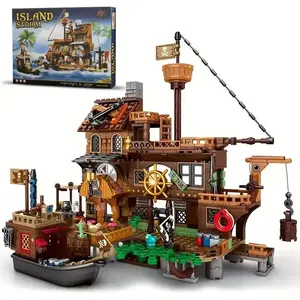 675PCS Pirate Island Storm Building Blocks Pirate Wharf Diorama with Ship Treasure House Caribbean Style Kit Toy for Kids Adult