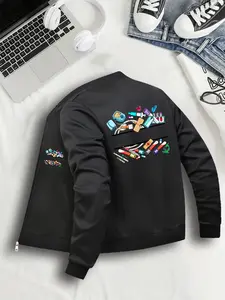 Women's Casual Fitted Jacket, Graphic Medical Pattern & Baseball Collar Design, Zipper Closure Outerwear, S-Xxl Sizes, All Season Wear