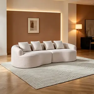 110-inch Curved Floor Sofa for Living Room Modern Designer Furniture, Oversized Recliner, Boneless Sofa, Cloud-Shaped Modular Sofa, Comfy 4-seater Breathable Chenille Modular Curved Sofa Bed with High-Resilience Foam, Fix Arm & 4 Throw Pillows