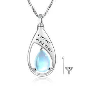 DRINSPER S925 Urn Necklace Cremation Jewelry Artificial Moonstone Teardrop Ashes Necklace 925 Sterling Silver Keepsake Jewelry