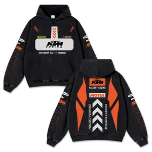 Retro KTM Factory Racing Washed Hoodie Motor World Champion Enthusiast Apparel Streetwear Helmet Racing Team Super Motorsports Clothing Riders Motocross Off-Road Dirt Bike Fan Gear Cotton For Motor Fan