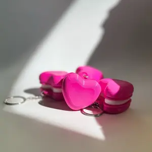 Heart-Shaped Macaron Clicker Keychain - Pink Heart-Shaped Design with Keyring Attachment