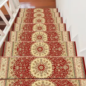 8x30-inch Non-Slip Stair Tread Mats Suitable for Indoor/Outdoor Use, Persian Rug with Symmetrical Diamond & Red Beige Suitable for Floors, Machine Washable Soft Step Pads for Stairs,