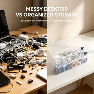Heavy-Duty Clear Plastic Cable Organizer Box, Portable Stackable Storage Case with Dividers, Transparent Container for Cables, Batteries, Office Supplies & Small Parts, Home & Desk Organization
