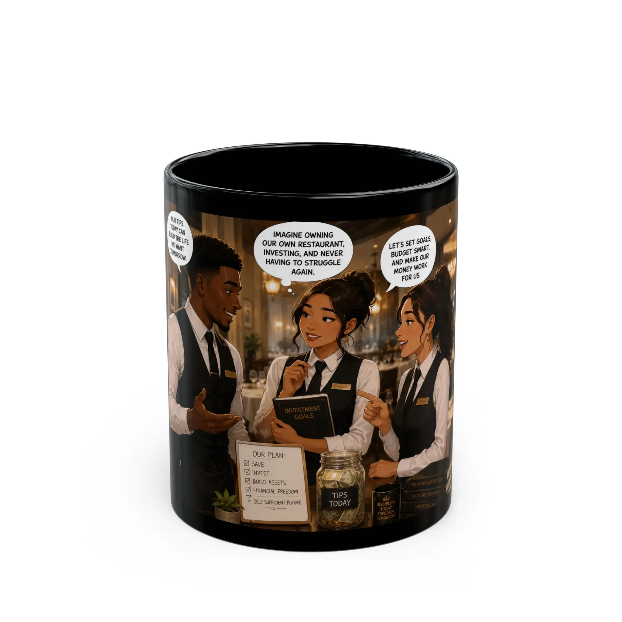 Glossy Black Ceramic Cylindrical Coffee Mug - Lead-Free, Microwave Safe, 11oz & 2 Sizes, Wraparound Waitstaff Illustration, Restaurant Server & Home Kitchen Drinkware