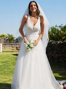 Ever-Pretty Sleeveless V-Neck Lace Tulle Long Dress – Backless Valentine dress Bride Wedding Dress and Bridesmaid Dress, Flowy and Slim Fit Gown for Summer Ceremony 01946