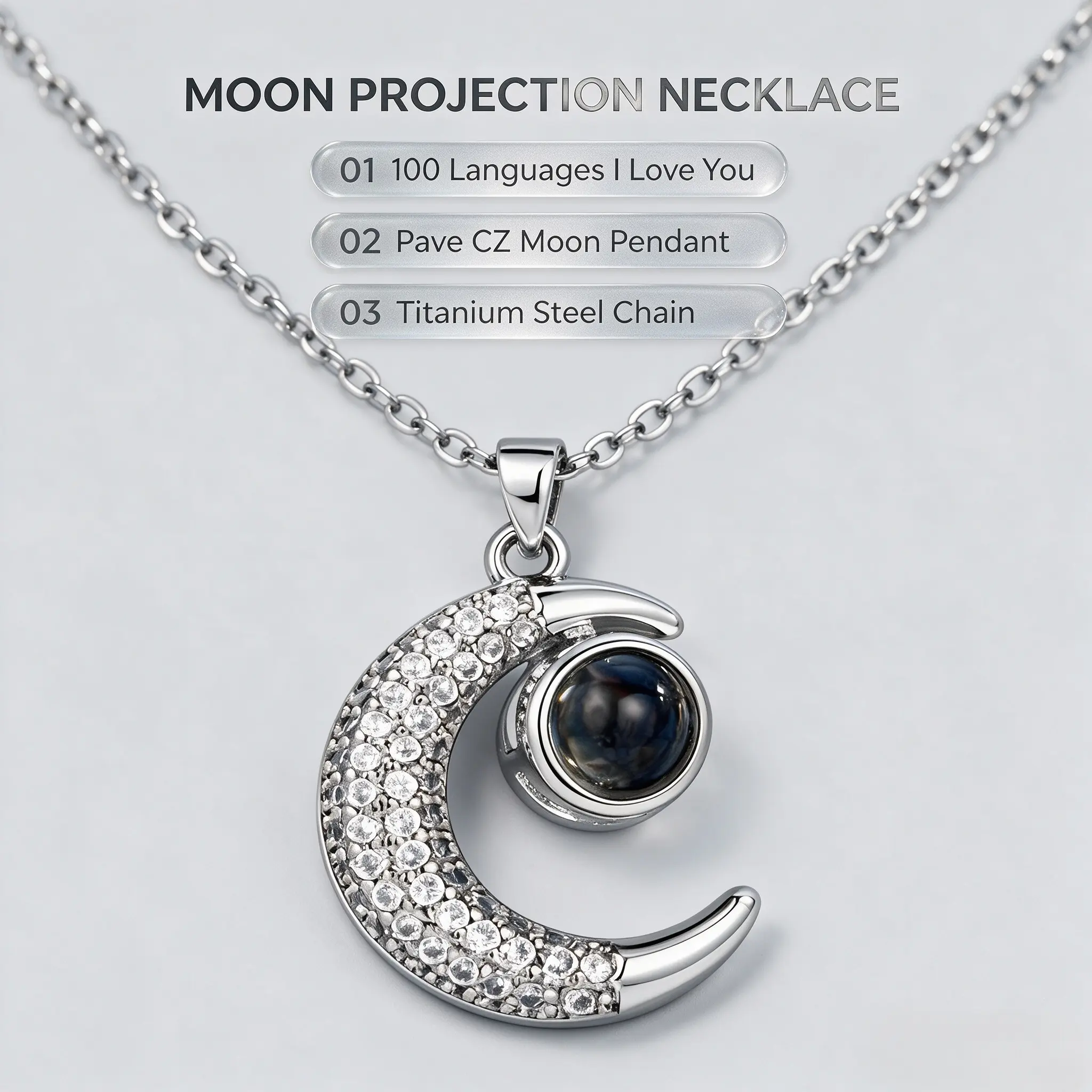 Moon-Shaped Gold-Plated Copper Clavicle Chain - Dainty Crystal-Accented Projection Necklace with 100 Languages 'I Love You' Feature, Minimalist Costume Jewelry, Thoughtful Gift for Her, Elegant Everyday Wear, Personalized Jewelry, Crystal Accents, Moon Sh