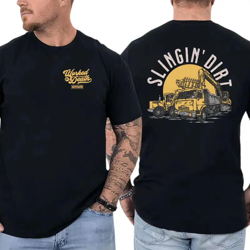 Slingin’ Dirt Construction T-Shirt, Heavy Equipment Excavator Graphic Tee, Blue Collar Work Shirt for Operators & Builders, Gift for Construction Workers