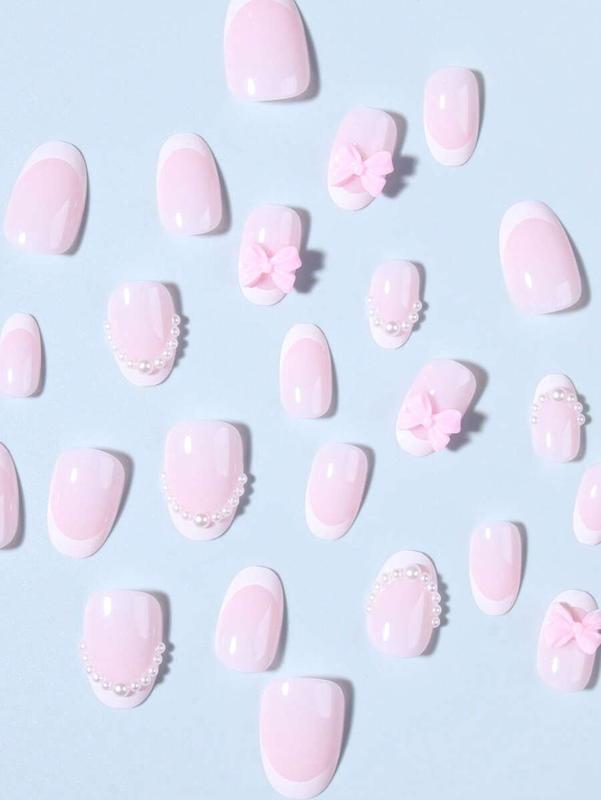 24pcs Oval Pink Bow Pearl Design White French Acrylic Short Press-On Nails Set, Includes: 1pc Jelly Gel And 1pc Nail File, French Manicure, Suitable For Women And Girls Daily Wear And Party, Nail Art Supplies
