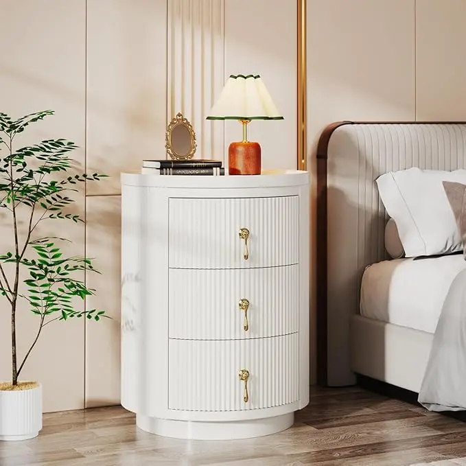 【Fully Assembled】Tribesigns Nightstand with 3 Drawers, Bedside Table Night Stand for Bedroom, Modern Round End Side Table with Storage and Gold Handles, White