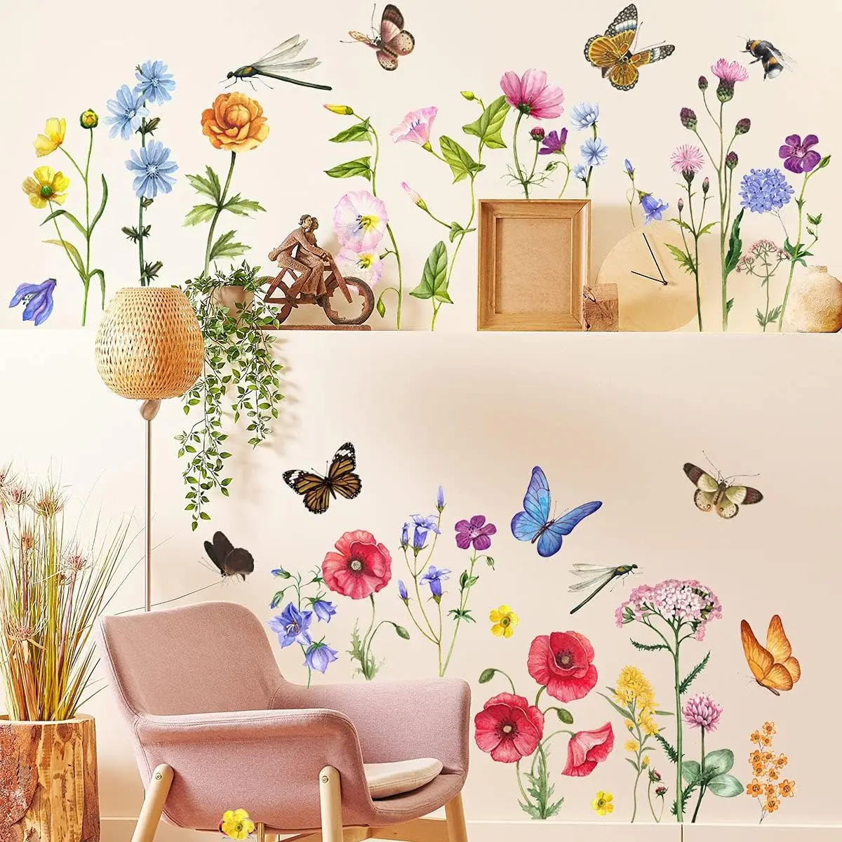 6 count  Wall Decals Vinyl  Wall Stickers Removable Floral Wall Art Murals Peel and Stick Colorful Flower Wall Decor for Girls Bedroom Living Room  (Butterfly and Dragonfly)