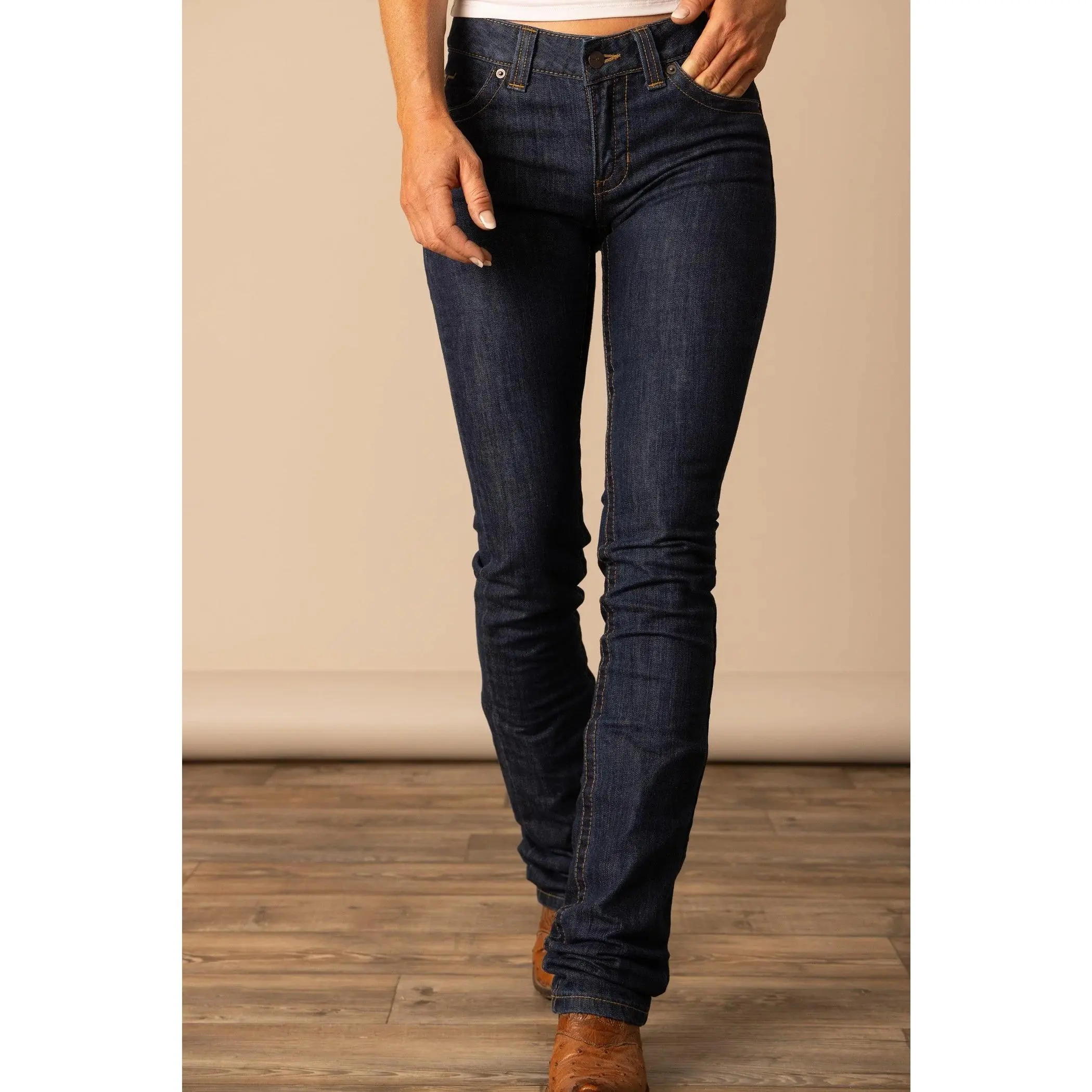 Kimes Betty Jean in Dark Indigo - Mid-Rise Fitted Thigh Bootcut Denim Jeans with Embroidered Detailing & Below the Ankle Hem - 99% Cotton 1% Spandex