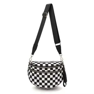 Checkered Bum Bags for Women, Nylon Crossbody Bag Large Fanny Pack Checkered Purse Oversized Slouchy Belt Bag