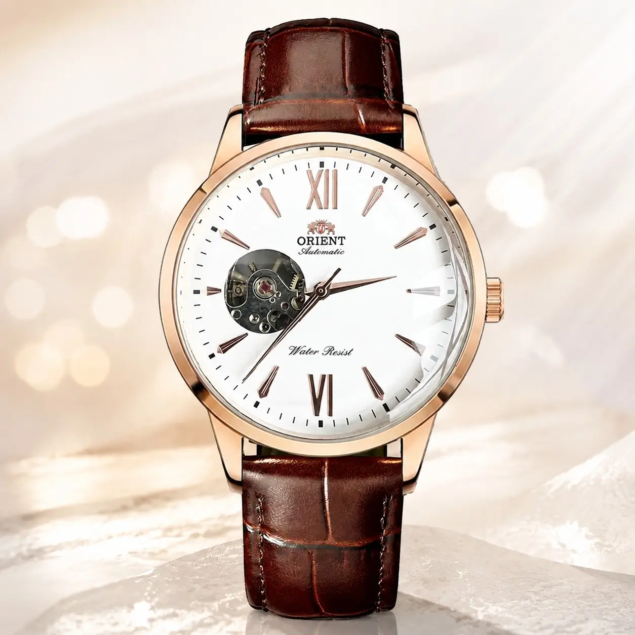 ORIENT Men's Automatic Mechanical Watch, Open Heart Skeleton Dial with Roman Numerals, Genuine Leather Strap, Water Resistant Dress Wristwatch. Elegant classic design for business and daily use, upscale gift choice for gentlemen.