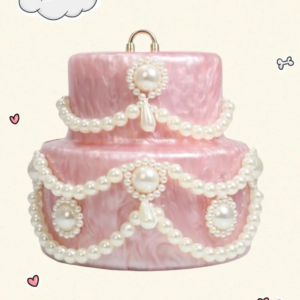 Cute Cake Acrylic Bag with Pearl Embellishments and Gold Hardware for Stylish Storage