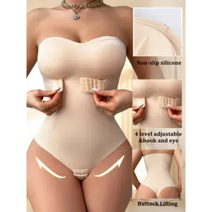 Women'S Seamless Bodysuit Shapewear with Removable Padding, Solid Color Polyamide Knit Fabric, Medium Support with Invisible Straps, Waist Cincher Body Shaper - 1pc
