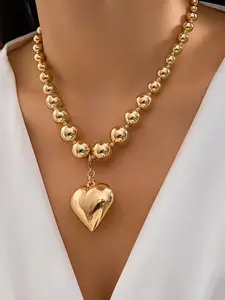 Exaggerated Large Round Bead Punk Collar Necklace, Heart Design Necklace, Geometric Bead Heart Pendant, Trendy Clavicle Chain Jewelry for Women
