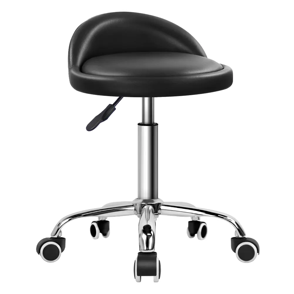 KKTONER Modern PU Leather Round Rolling Stool - Adjustable Seat Height, Backrest Support, 360-Degree Swivel, Wheeled Indoor Drafting & Work Task Chair (Black)