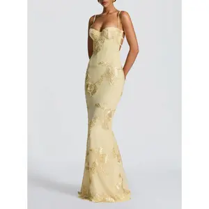 French Chic Backless Evening Dress Floral EmbellishedSlim Fit Solid Long Dress Spaghetti Strap for upscaleEvents