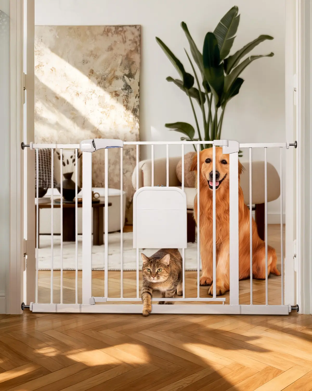 Veraste Adjustable Baby Gate with Cat Door, Auto-Close Pressure-Mounted Safety Gate for Doorways & Stairs – Ideal for Multi-Pet Homes (29–45 Inches, White/black)