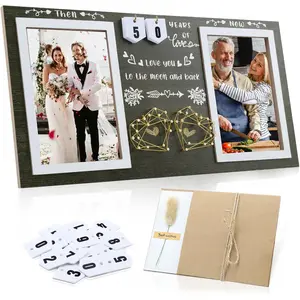 Then & Now Anniversary Picture Frame - Anniversary Wedding  for Couple & Parents, 1-99  Double 4x6 Picture Frame with Number Cards & Greeting Card (Dark Green)