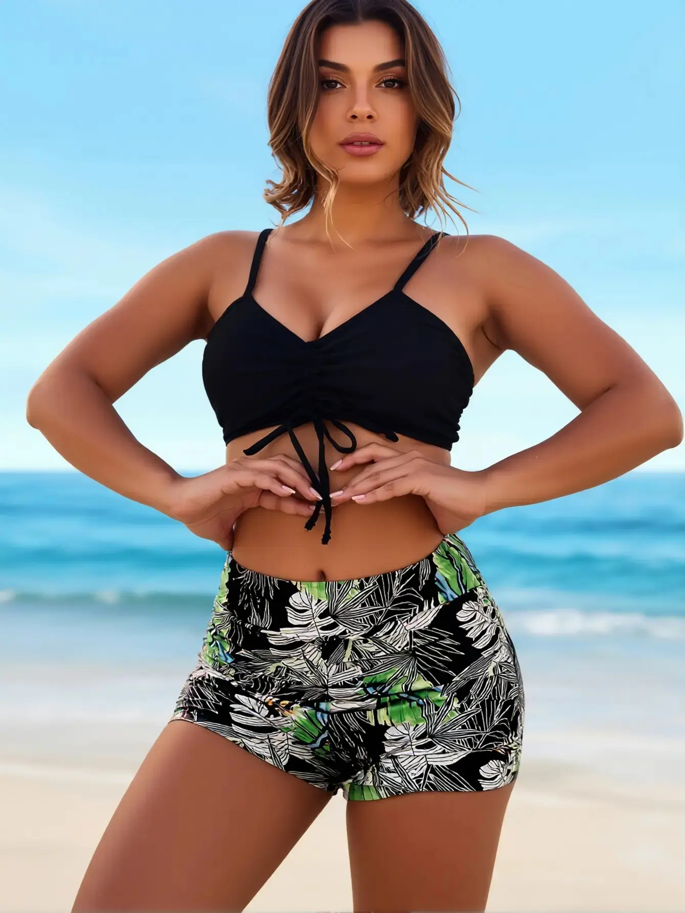 Women's 2-Piece Sporty Chic Leaf Print Quick Dry Bikini Set - Chic Black Tropical Style, Ruched Drawstring Top, Adjustable Straps, Stretch Shorts for Pool Parties, Beach BBQs, Chic Black Tropical Bikini, Soft campingessentials