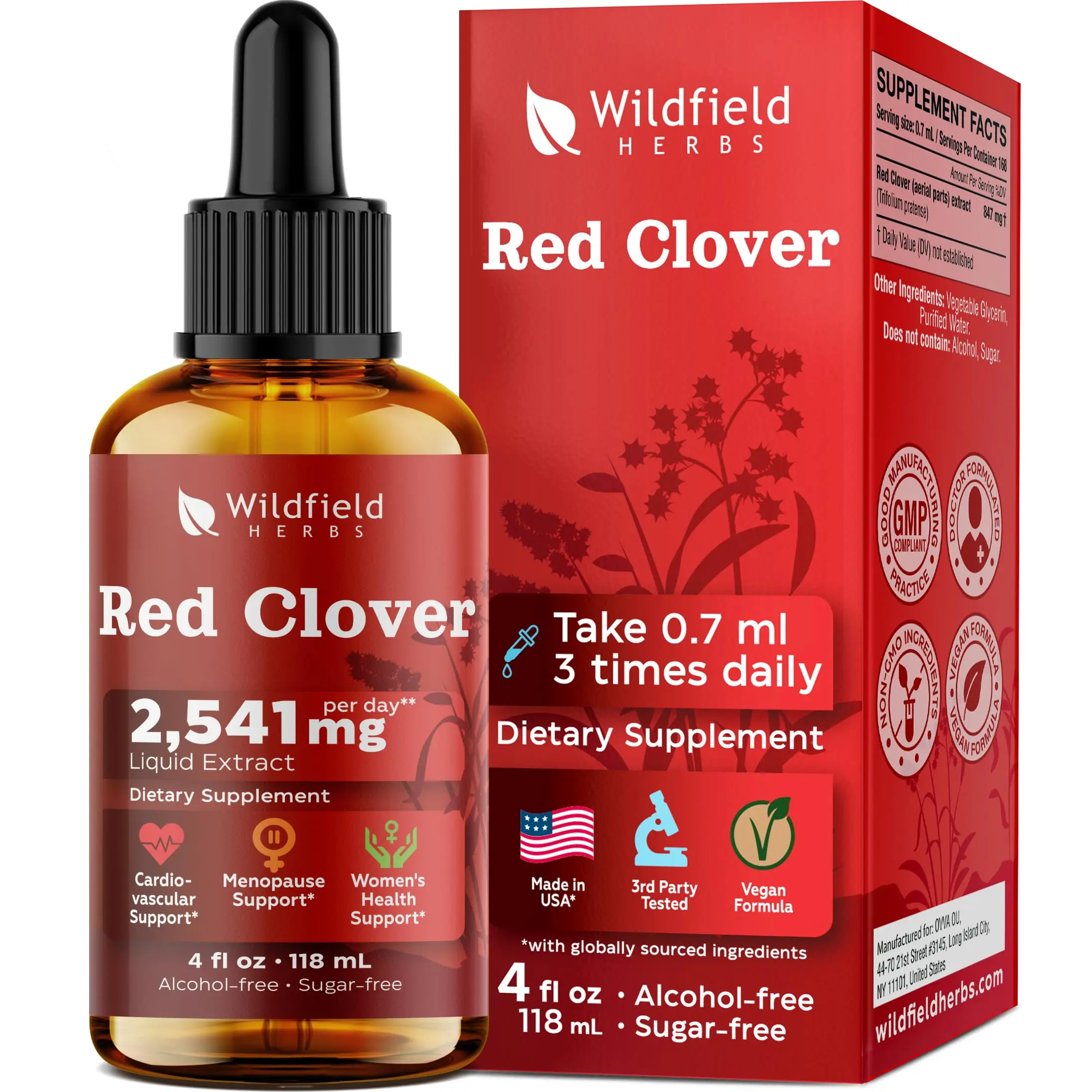 WILDFIELD HERBS 4 Oz Red Clover Extract Liquid Drops (Trifolium pratense) Herbal Supplement, 168 Servings, Alcohol-Free Tincture