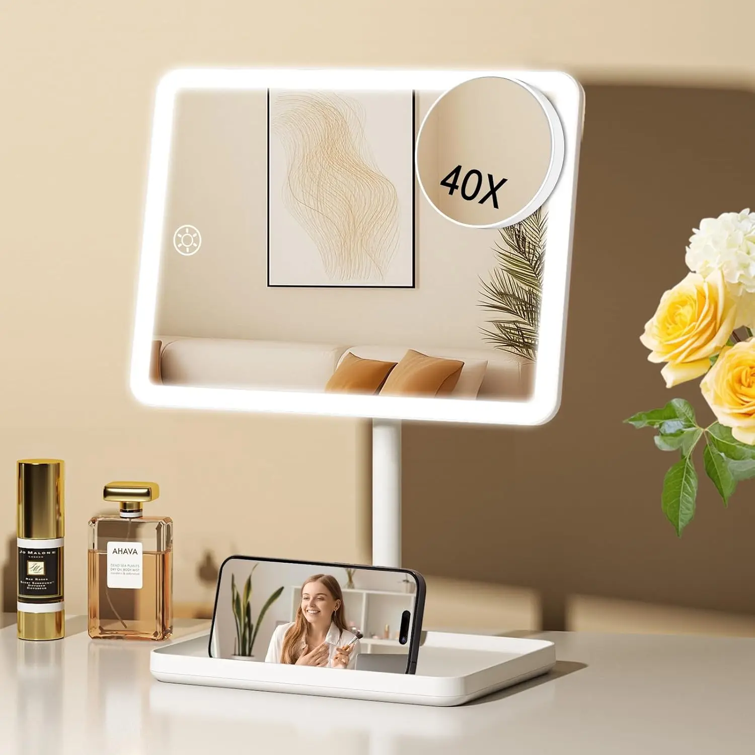 FUNTOUCH Vanity Mirror with Lights, Rechargeable Makeup Mirror with Lights,Smart Touch with 3-Color Lighting, Dimmable, Detachable 40X Magnification for Vanity Desk Tabletop,White