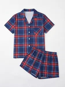 Women's Plaid Print Shirt & Elastic Waist Shorts Set, Casual Comfortable Sleepwear Loungewear, Short Sleeve Top & Shorts Pajama Set for All Seasons