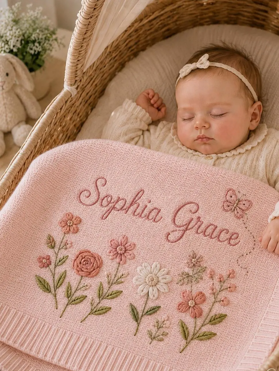 [Made-to-Order]Custom Daisy Wildflower Butterfly Embroidered Knit Baby Blanket, Personalized Floral Newborn Blanket, Gift for Baby Girl, Nursery Decor, Keepsake