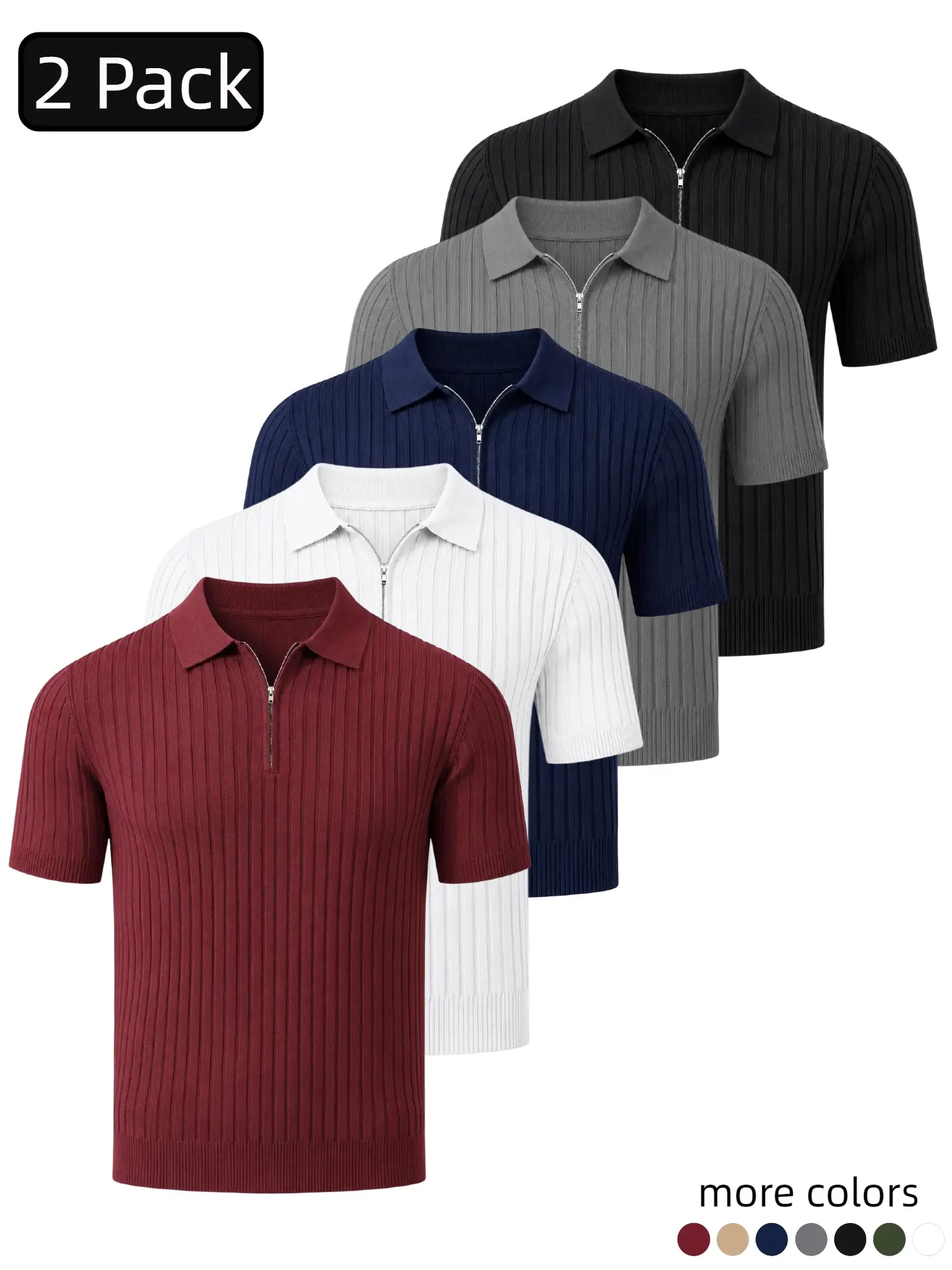 Men's Ribbed Knit Plain Shortsleeve Polo Shirt - Stylish Slim Fit Quarter-Zip Collared Pullover, Menswear Top for Work & Daily Wear Classic Summer, Casual Fashion, Pullover Top