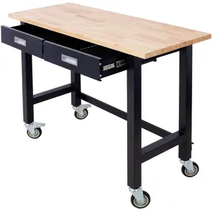 48in Heavy Duty Bamboo Solid Wood Work Bench - Steel Frame, Ball Bearing Drawer Storage, Rolling Wheels for Garage, Home Office