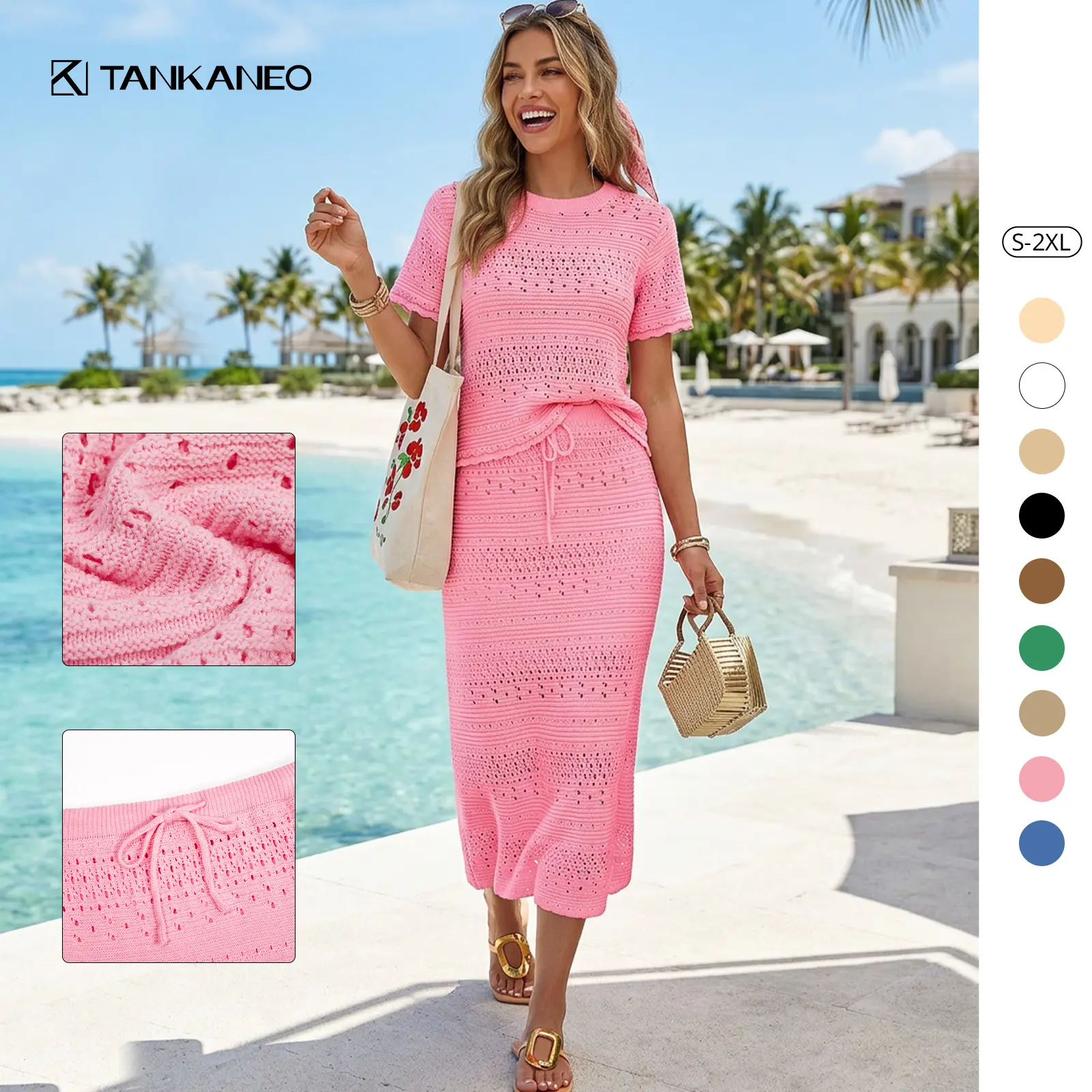 Tankaneo Womens Crochet Cover Up 2 Piece Skirt Sets Short Sleeve Knit Top Midi Skirt Vacation Travel Outfits